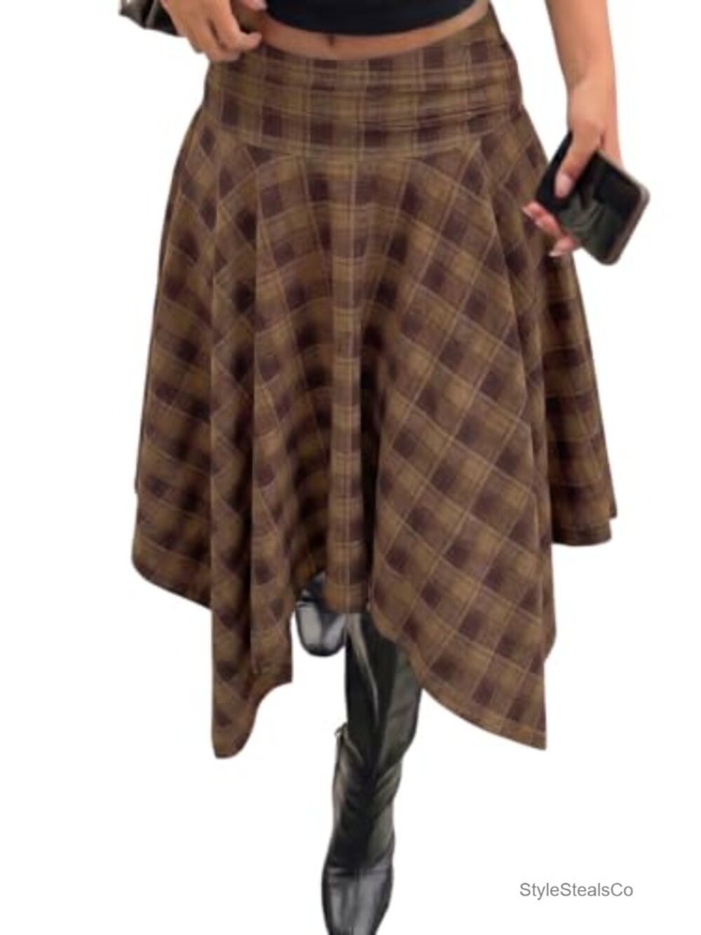 Plaid Midi Skirt Pleated A-Line Hanky Hem Flowy Y2K Grunge
